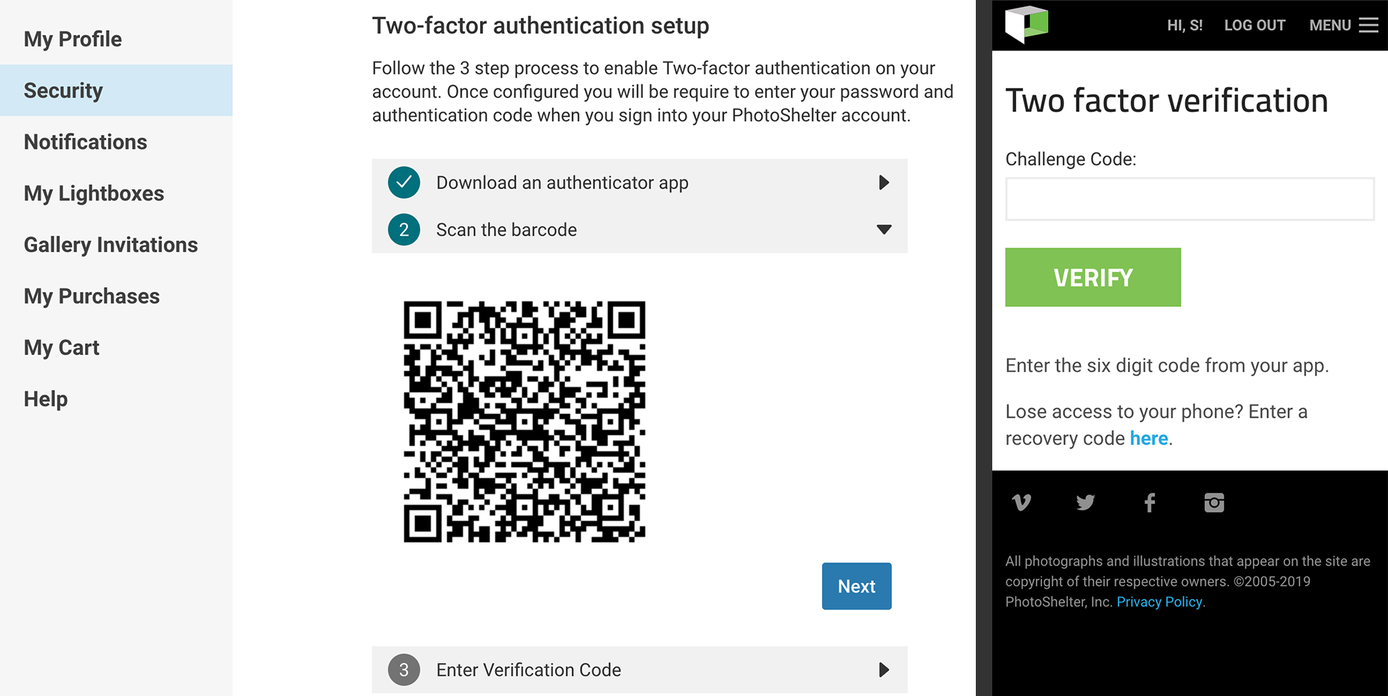 Screenshot of two factor auth setup.