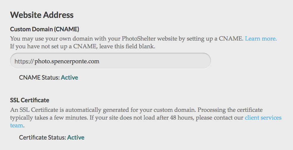 Screenshot of CNAME and HTTPS status.